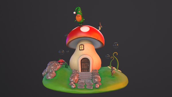 3D Mushroom house and gnomes set