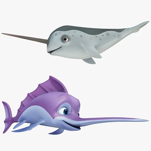 Cartoon Narwhal and Sword Fish 3D
