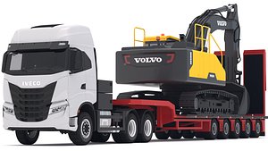 Iveco S-WAY Tractor and Lowboy Trailer with Excavator Volvo EC300E 3D model