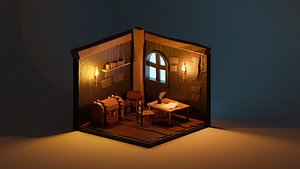 Medieval Study Room isometric low poly 3D model