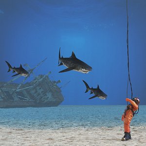 Old Copper Diving Suit and White Shark 3D