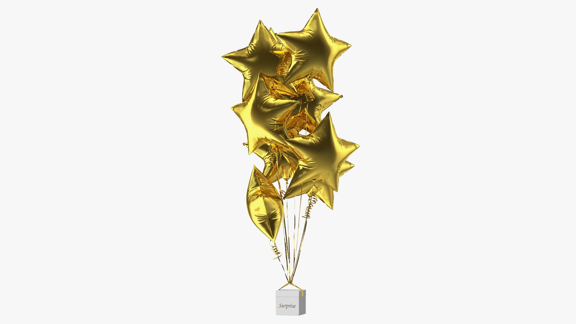 Star Shaped Gold Balloons Tied to Gift Box 3D model preview
