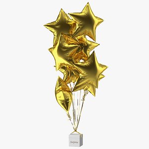 Star Shaped Gold Balloons Tied to Gift Box 3D model
