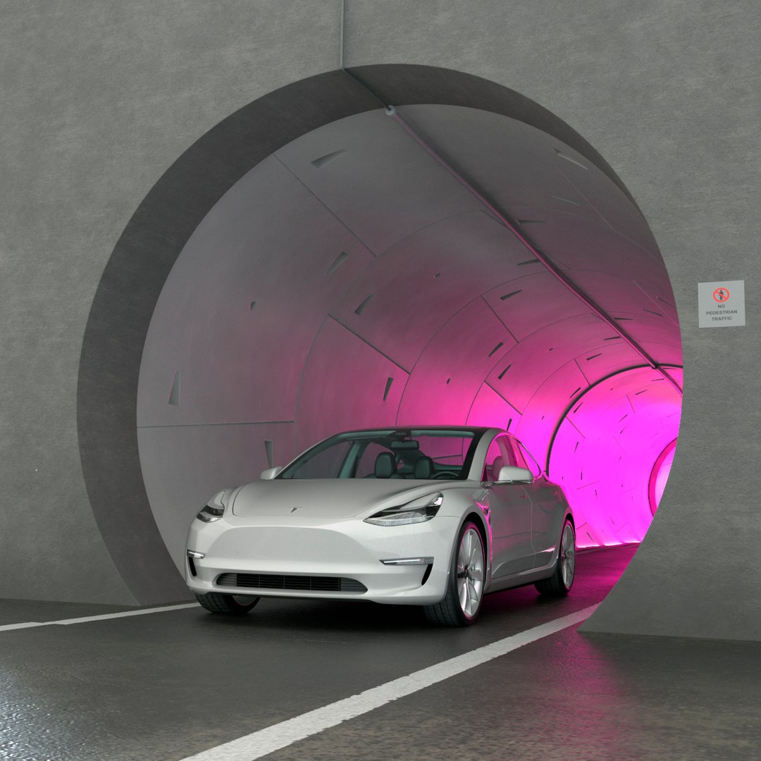 LVCC Underground Tesla Transport Tunnel and Tesla Model 3 3D model preview
