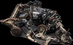 engines cars destroyed junkyard ground RAW photogrammetry 3D model
