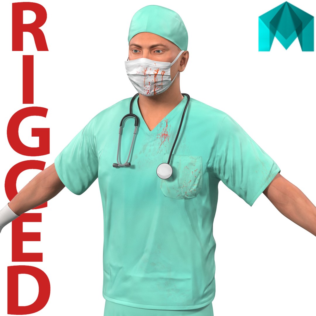 Male Surgeon Caucasian Rigged with Blood for Maya 3D Model 3D model preview