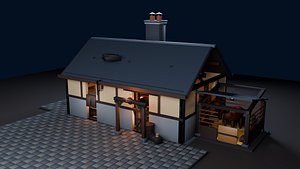 Low Poly Medieval Blacksmith Shop Armory Smelter Horse Stable Pack