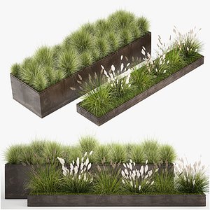 Grass and bushes in a rusty flowerbed