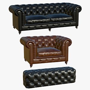 Chesterfield Realistic Sofa Leather Ottoman 3D