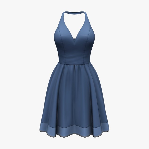 Mid Night Blue Sleeveless Open Back Halter Neck Party Skirt Dress 3D model