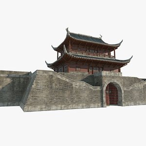 3D Ancient Asian architecture city gates and towers model