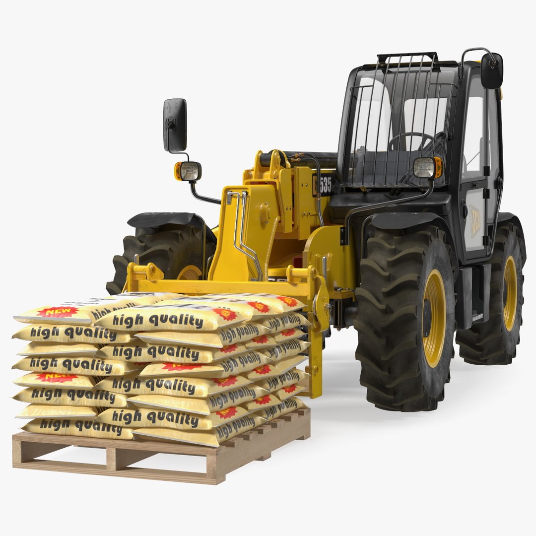 Telescopic Loader With Pallet of Cement Bags Rigged 3D model preview