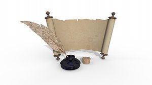 Set of papyrus scroll and inkwell with stopper and quill PBR Low-poly 3D model 3D