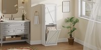 Farm Style Bathroom Linen Tower Cabinet Freestanding Cabinet with Single Door  Tilt Laundry Basket