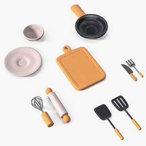 Cartoon Cooking Utensil Set with Board and Pan 3D