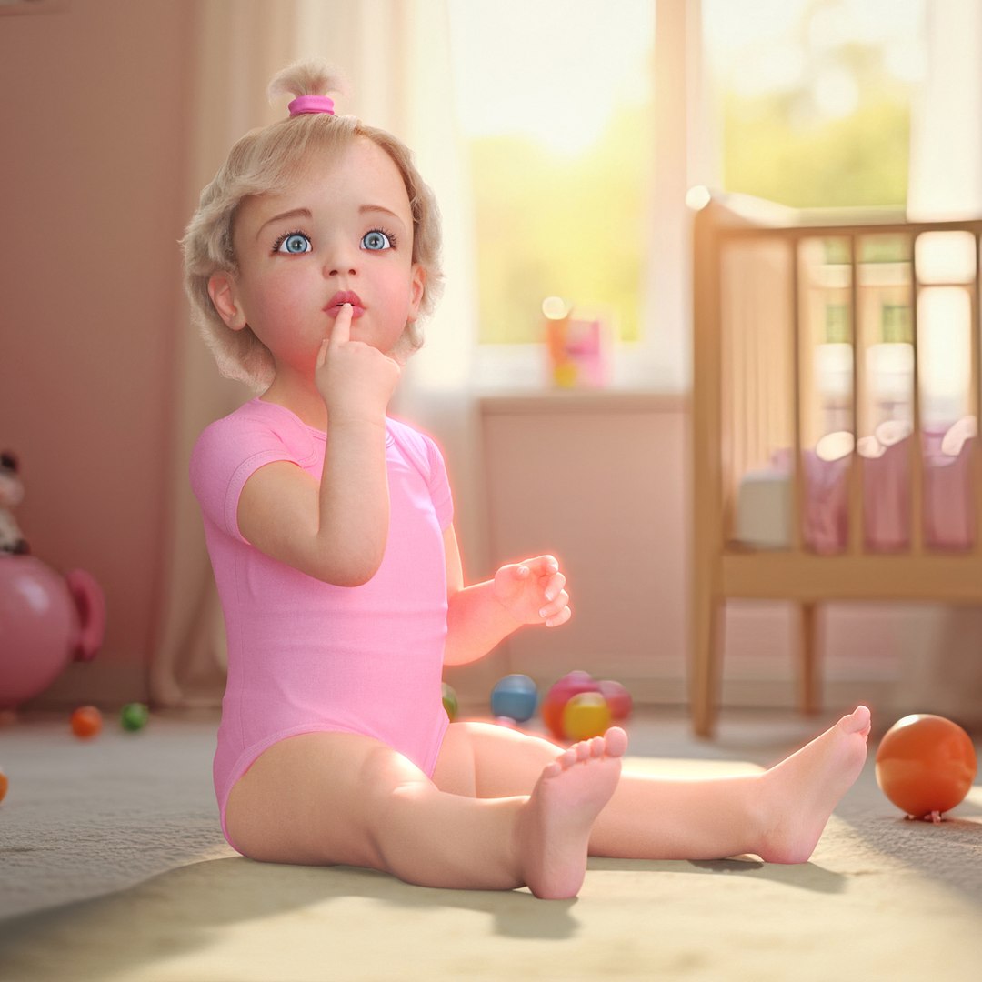 Baby Girl Wearing Bodysuit Sitting Fur 3D model preview