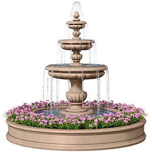 Classic garden travertine outdoor Fountain with flower bed 3D model 3D model