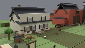 Stylized Low Poly Farm Pack - Farmstead with Interiors Animals Crops and Marke