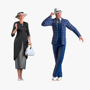 3D model Rigged Elderly Woman with Man Wearing Party Dress Collection