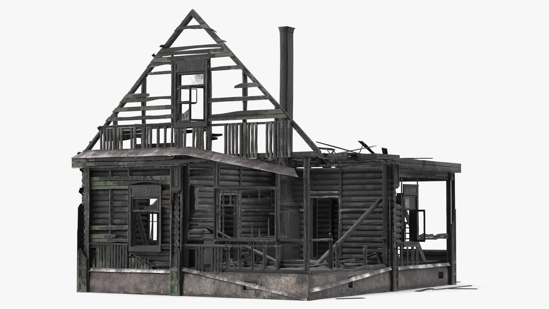 Burnt Wooden House Green Without Roof 3D model preview