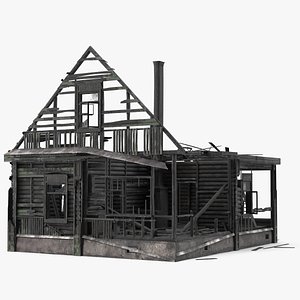 3D Burnt Wooden House Green Without Roof model