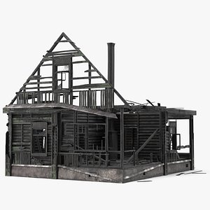 Burnt Wooden House Green Without Roof