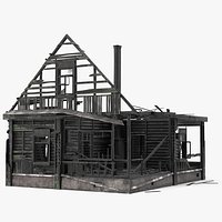 Burnt Wooden House Green Without Roof