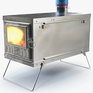 Stainless Steel Tent Stove with Visible Fire Inside 3D model
