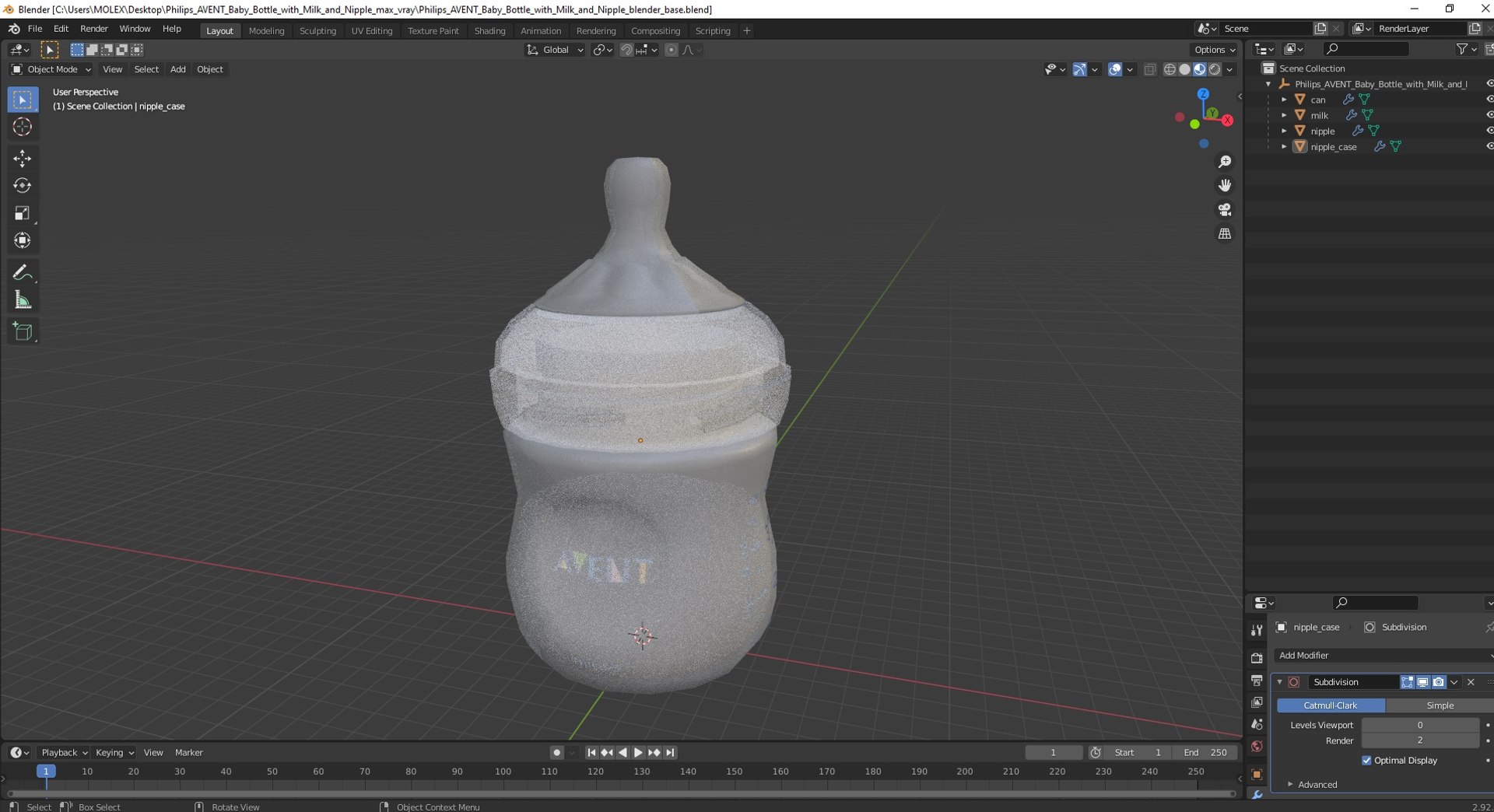 Philips Avent Baby Bottle with Milk and Nipple 3D model preview