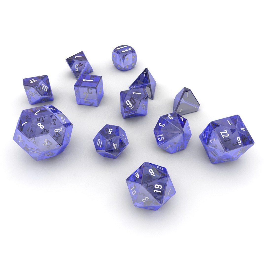 polyhedral dice set - 3d model https://p.turbosquid.com/ts-thumb/d9/PBOqa6/2ItBKmdT/dice_blue_glass_03/jpg/1466455336/1920x1080/fit_q87/d1403b0afb48d41aef08f02c19861b54f4ed5297/dice_blue_glass_03.jpg