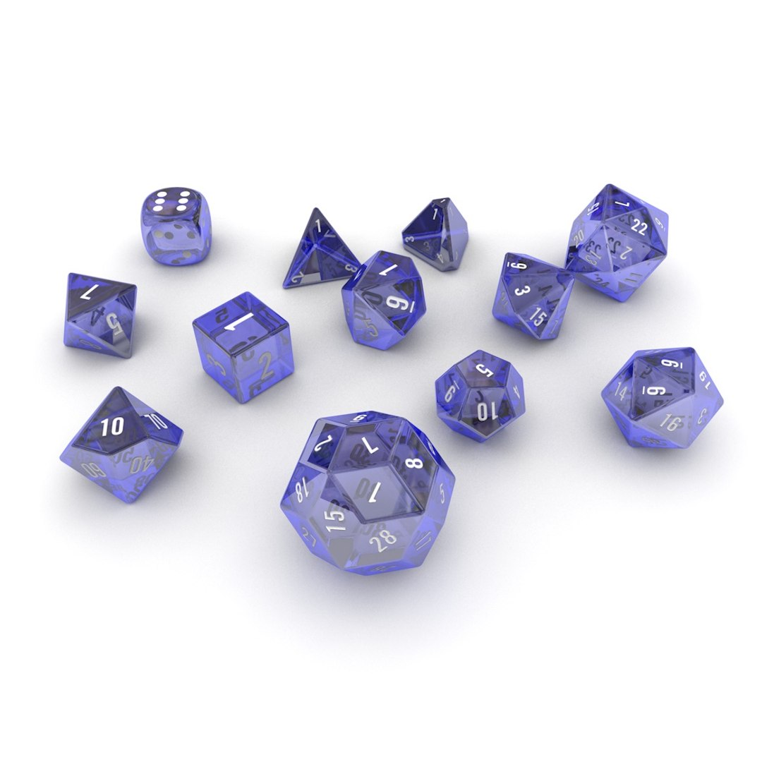 polyhedral dice set - 3d model https://p.turbosquid.com/ts-thumb/d9/PBOqa6/Vvhkg7kT/dice_blue_glass_04/jpg/1466455336/1920x1080/fit_q87/7c3b67ce51f15f2476f8e678b58b1774ec47bd3c/dice_blue_glass_04.jpg