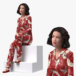 Asian Woman wearing Satin Pijama Sitting Pose