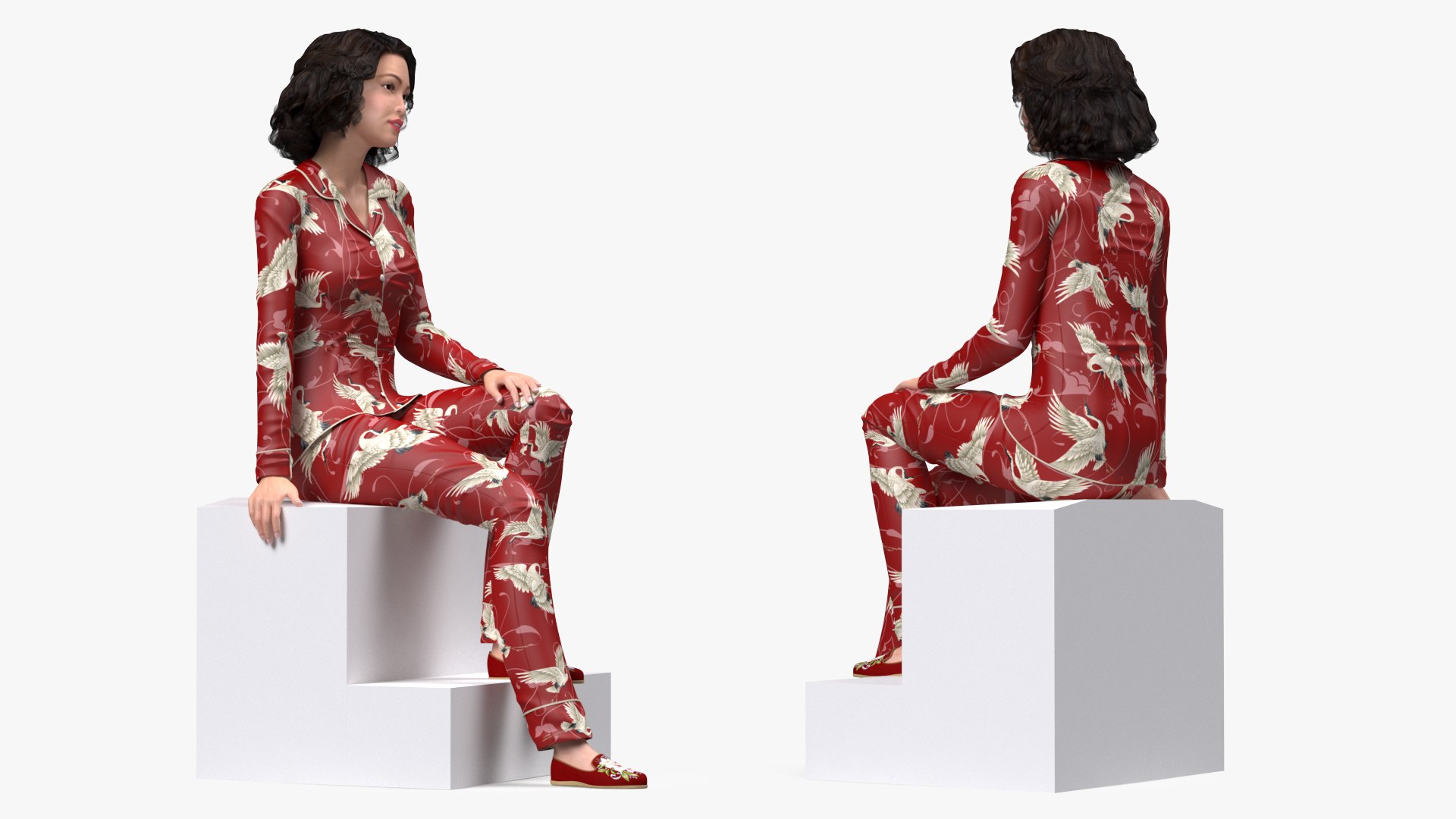 Asian Woman wearing Satin Pijama Sitting Pose 3D model preview