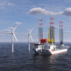 3D Voltaire Jack Up Installation Vessel with Wind Turbine