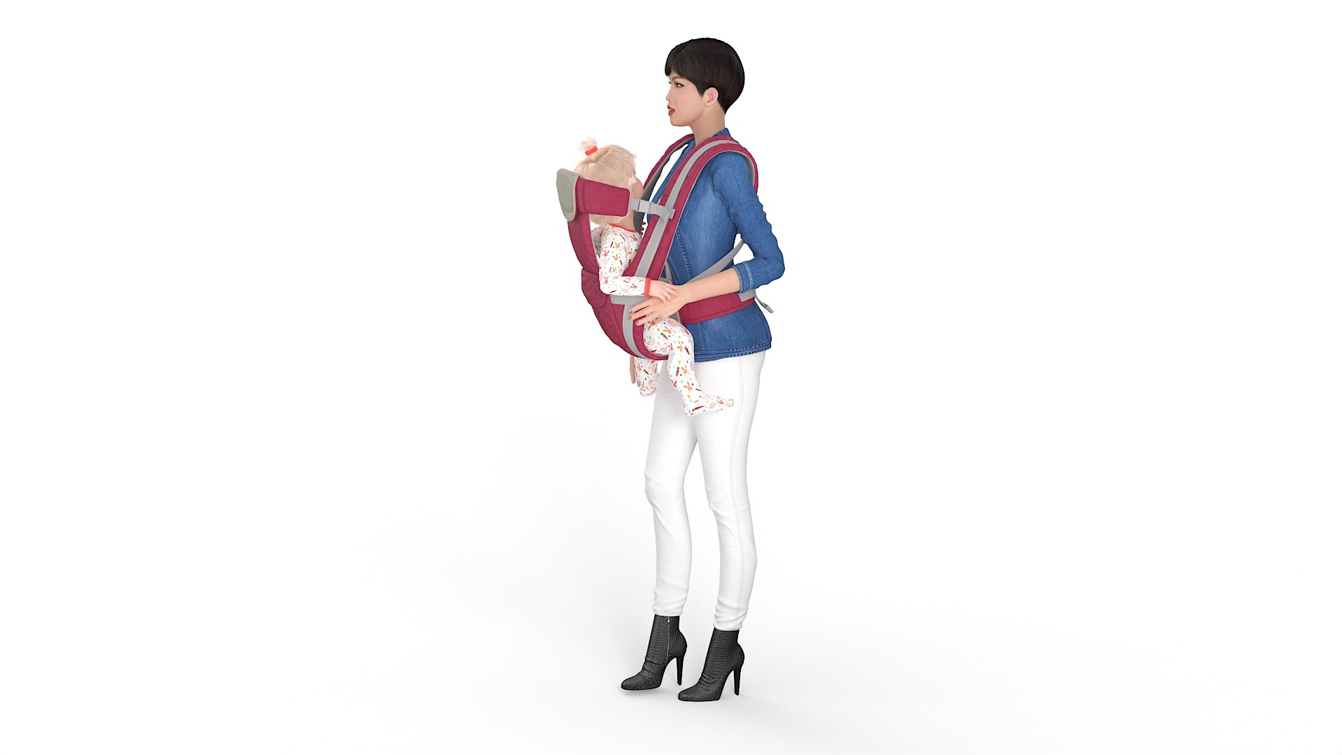 Woman with Baby Girl in Carrier Fur 3D model preview