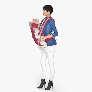 Woman with Baby Girl in Carrier Fur 3D model