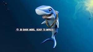 3D Shark Model Cartoon Style with Gold Chain Ready for 3D Printing