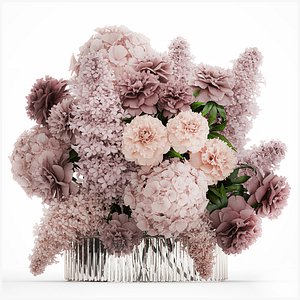 3D Bouquet in a glass vase flowers peony lilacs hydrangea 600