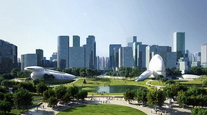 Modern Urban Lakefront Park Cityscape with Iconic Landmarks 3D model