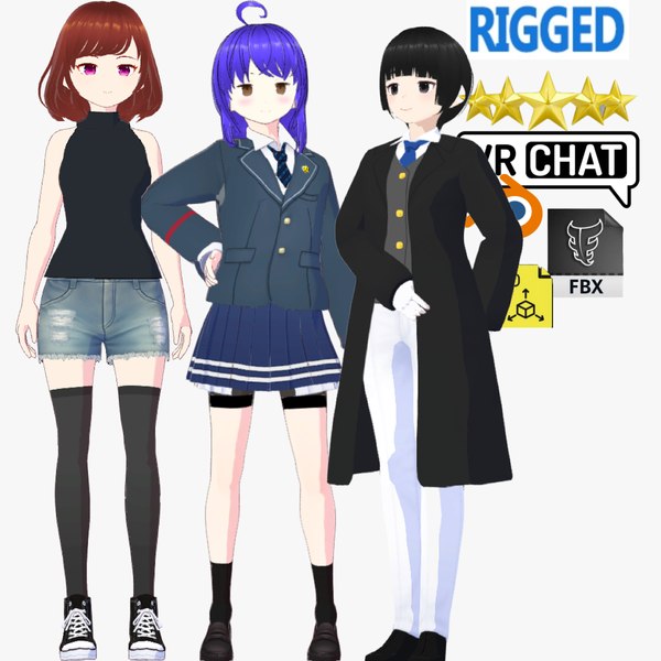 3D 3 Cute Anime Girls Characters T10 model