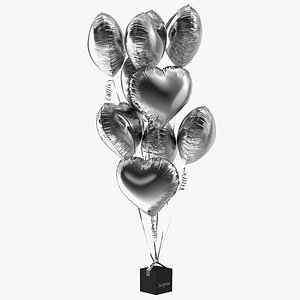 Heart Shaped Silver Balloons Tied to Gift Box 3D model