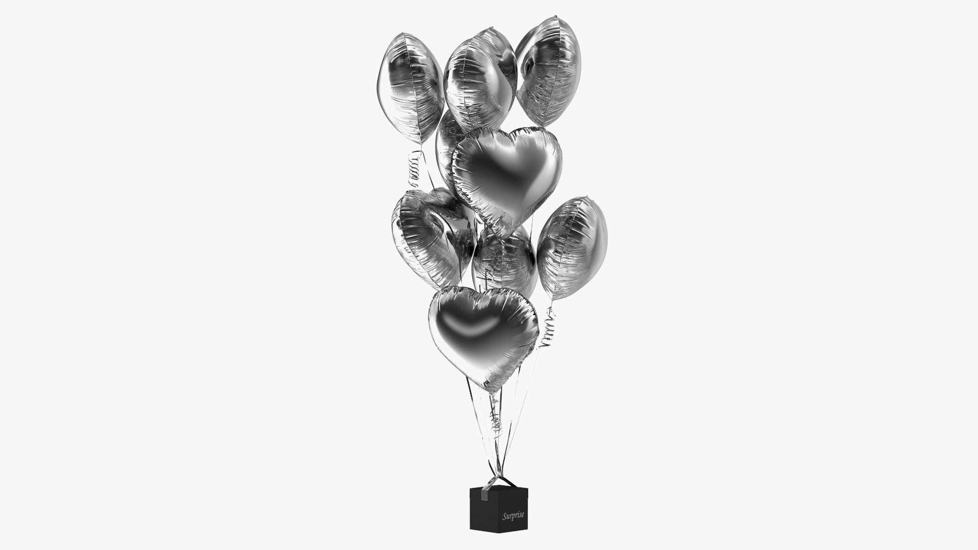 Heart Shaped Silver Balloons Tied to Gift Box 3D model preview