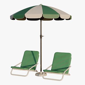 Beach Lounge Chair Set with Umbrella 3D