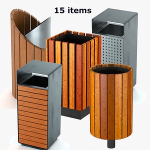 Urban Street Trashcans Metal and Wooden 3D