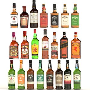 3D 22 Whiskey Alcohol Bottles Jameson Jack Daniels Chivas