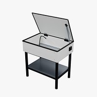 Open Parts Washer with Pinned Lid and Supported Washing Hose