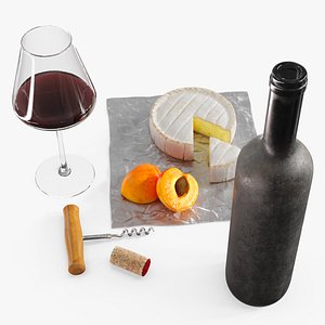 3D model Wine Serving Set with Brie Cheese and Apricot Slices