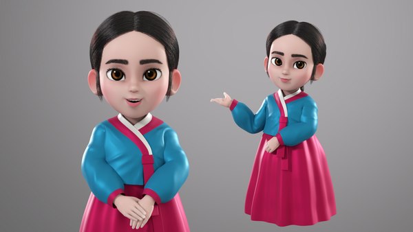 3D model cartoon korean hanbok girl