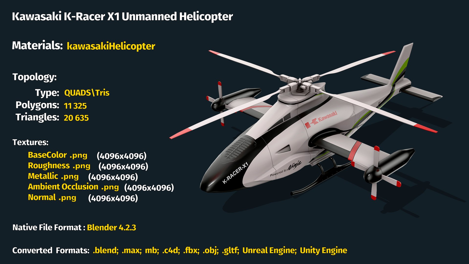 Kawasaki K-Racer X1 Unmanned Helicopter 3D Model - TurboSquid 2328911