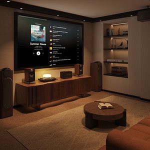 Warm Hi-Fi Audio Room with Vertical Fluted Wood TV Cabinet 3D Interior Scene